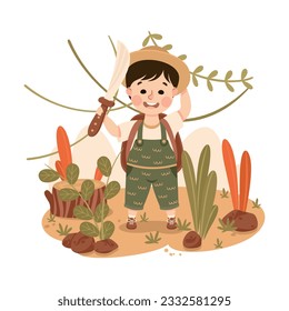 Little Boy in the Jungle with Backpack and Sword Exploring Tropical Environment Vector Illustration