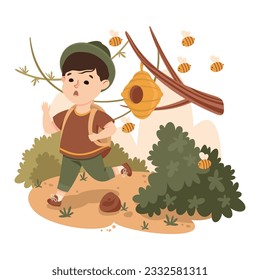 Little Boy in the Jungle Escaping from Bee Flying Behind Him Exploring Tropical Environment Vector Illustration