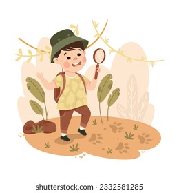 Little Boy in the Jungle Following Animal Trail with Magnifying Glass Exploring Tropical Environment Vector Illustration