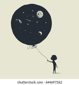 Little boy keeps a balloon with universe in him.Abstract vector illustration