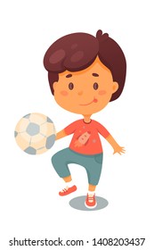 Little boy kicking ball flat vector illustration. Cute kid playing football outdoors cartoon character. Footballer, soccer fan training. Children hobby, leisure, pastime