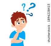 Little boy kid asking question flat style design vector illustration isolated on white background. Cute boy thinking about something and question mark flies above him asking concept.