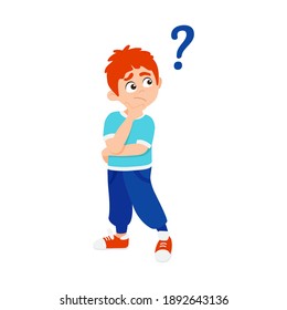 Little boy kid asking question flat style design vector illustration isolated on white background. Cute boy thinking about something and question mark flies above him asking concept.