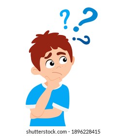 Little boy kid asking question flat style design vector illustration isolated on white background. Cute boy thinking about something and question mark flies above him asking concept.