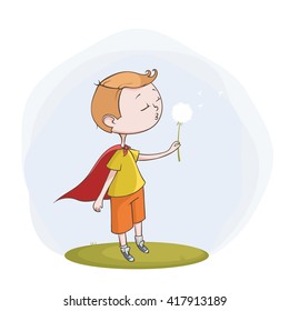 Little boy kid blowing a dandelion to make a wish. Cartoon vector illustration 
