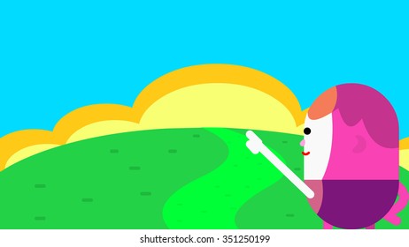 Little boy kid cartoon character finger pointing hand gesture poses. Outdoor nature landscape, green grass field, walk path, sunshine, clear sky. Making goals and achievements concept illustration.