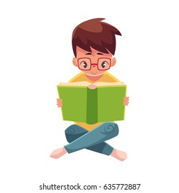 Little boy, kid, child in glasses reading book sitting with crossed legs on the floor, cartoon vector illustration isolated on white background. Little boy, kid in glasses reading book sitting