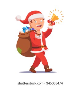 Little boy kid dressed like Santa Claus carrying sack full of gifts walking and ringing his christmas bell. Flat style vector illustration isolated on white background.
