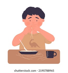 Little Boy Kid Eating Spaghetti. Food Mess, Having Lunch Meal Vector Illustration