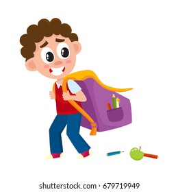 Little boy, kid going to school with big backpack, schoolbag loosing pencils on the way, cartoon vector illustration isolated on white background. Boy, kid going to school with big schoolbag, backpack