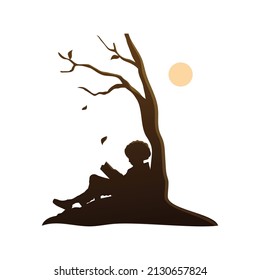 Little Boy Kid Read Book Under Tree Silhouette