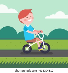 Little boy kid riding bicycle a outdoors on a park bike path. Cartoon character clipart. Modern flat style illustration.