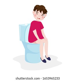 Little boy or kid sitting on toilet isolated on background. Vector illustration in cartoon character flat style.