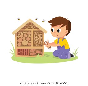 Little boy kneeling beside insect hotel, carefully tending arranging it. Keeps in hands some twigs, sticks, bees flying around. Cares about providing safe haven for bugs and other small creatures. 