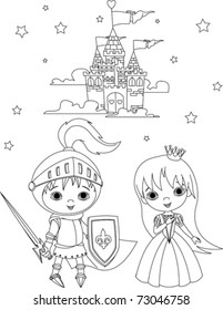 Little boy as a knight and girl as a princess coloring page