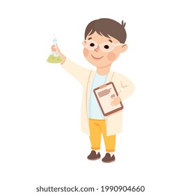 Little Boy in Laboratory Coat with Flask Representing Scientist Profession Vector Illustration