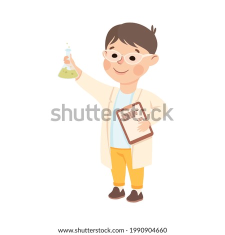 Little Boy in Laboratory Coat with Flask Representing Scientist Profession Vector Illustration