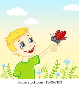  little boy with a ladybug on a palm 