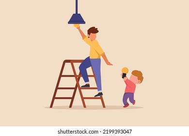 Little boy with lamp helps his father installing a light at home. Concept of helping parents at home. Flat vector illustrations isolated.