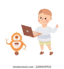 Little Boy with Laptop and Robot Engineering Smart Technology and Artificial Intelligence Vector Illustration