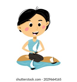 Little boy launches paper boats, cute child vector illustration. Character with dark hair in a striped T-shirt