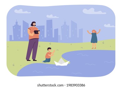 Little boy launching paper boat on lake. Sister filming child on tablet, happy girl cheering for brother flat vector illustration. Family, spring concept for banner, website design or landing web page