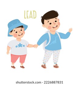 Little Boy Leading Toddler by Hand Demonstrating Vocabulary and Verb Studying Vector Illustration
