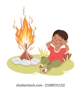 Little Boy Leaning on Tree Stump Near Campfire and Resting Vector Illustration