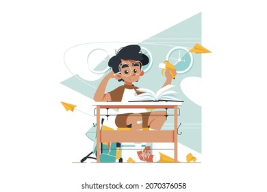 Little boy learn in school class vector illustration. Kid sitting at school desk reading book flat style. Education system and school concept. Isolated on white background