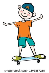 Niñito aprendiendo a montar en patineta Ilustración vectorial 