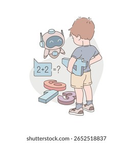  Little boy learning math with the help of an AI chatbot. Educational flat-style vector illustration in pastel tones, promoting digital learning and early math skills.