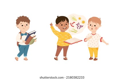 Little Boy Learning School Subject Like Biology with Books Vector Set