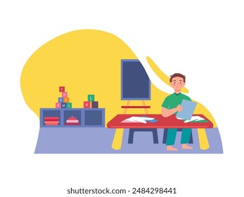 Little boy learning to write in a playground room with interior board and letter blocks. Character design. Vector flat illustration