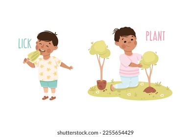 Little Boy Licking Ice Cream and Planting Tree Demonstrating Vocabulary and Verb Studying Vector Set
