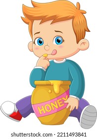 The little boy is licking the sweet honey from the jug of illustration