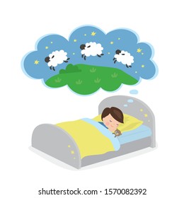 Little boy lies in bed. Cute child counts sheep to fall asleep. Cartoon male kid character and dream cloud isolated on white background. Flat vector illustration
