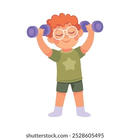 Little Boy Lift Dumbbell Engaged in Morning Exercise Vector Illustration