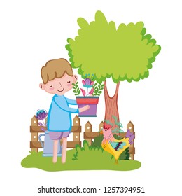 little boy lifting houseplant with fence and rooster