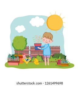 little boy lifting houseplant with fence and rooster