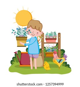 little boy lifting houseplant with shelf and rooster