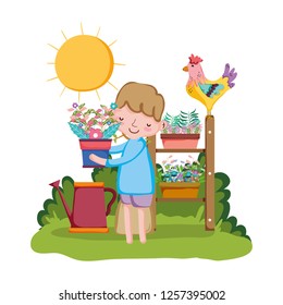 little boy lifting houseplant with shelf and rooster