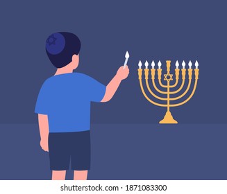 Little Boy Lighting Menorah. Hanukkah traditions. Vector
