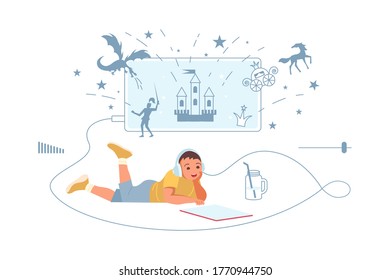 Little boy listening music or audiobook through headphones. Child is using digital technology fairytale from smartphone or tablet during lies on his stomach. Flat Art Vector Illustration