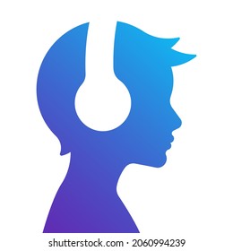 Little boy listening to music in headphones. Silhouette of teenager, side view, icon, logo, design, avatar, emblem. Contemporary vector illustration.