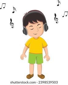 Niñito escuchando música en audífonos ilustraciones vectoriales