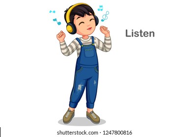 Little Boy Listening Music Vector Illustration