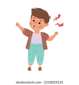 Little boy looking angry. Cute boy dressed casual clothes shouting and pointing with his finger cartoon vector illustration