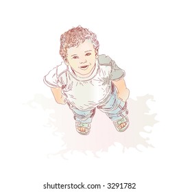 Little boy looking up and smiling. Vector illustration