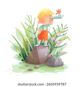Little boy looking through the spyglass in nature standing on the stone. Child Exploring Nature Looking Through Telescope. Vector cartoon isolated clip art for kids.