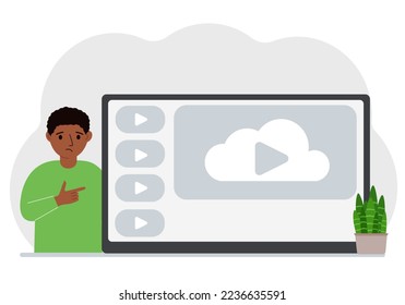 A little boy looks at the huge screen of a TV device, tablet or computer. The concept of a children's show or educational channel. Vector flat illustration